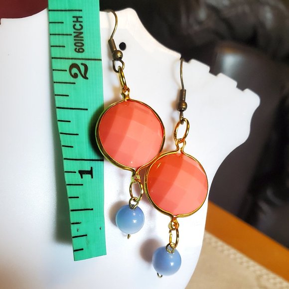 Bronze Hook Pink Disc Blue Cat's Eye Bead Earrings - Picture 4 of 4